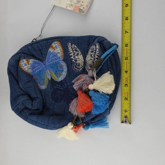 New Johnny Was Paradisio Quilted Denim Makeup Bag with Butterflies & Tassles - Picture 7 of 13